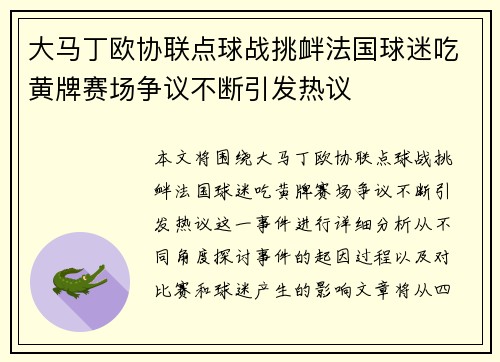 大马丁欧协联点球战挑衅法国球迷吃黄牌赛场争议不断引发热议