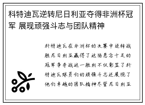 科特迪瓦逆转尼日利亚夺得非洲杯冠军 展现顽强斗志与团队精神