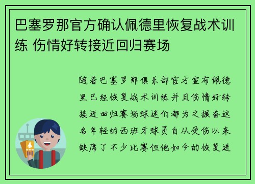 巴塞罗那官方确认佩德里恢复战术训练 伤情好转接近回归赛场 巴塞罗那官方确认佩德里恢复战术训练 伤情好转接近回归赛场